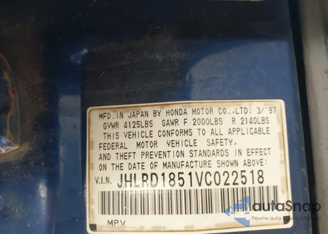 1997 Honda Cr-V из США, поврежденный, VIN JHLRD1851VC022518